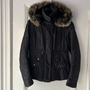 Beautiful Genuine Fox Fur hood, black jacket,well worn, but still lovely.